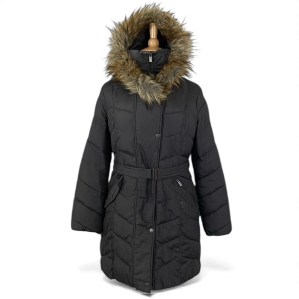 Rachel Roy Puffer Coat Women’s XL‎ Belted Faux Fur Trim Hooded Coat